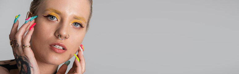 Stylish young woman embraces modern fashion with vibrant colors and unique accessories