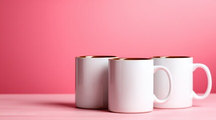 These three chic white mugs with golden touches stand elegantly against a soft pink background, combining modern aesthetics with elegance, ideal for lifestyle and home decor shoots.