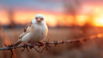 A captivating close-up of a small bird perched on barbed wire at sunset, capturing the essence of freedom and resilience against nature's backdrop.