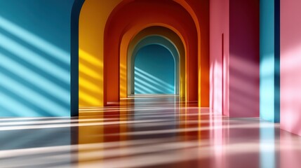 An artistic representation of a vibrant archway hallway with alternating colors, creating a visually striking perspective that invites exploration.