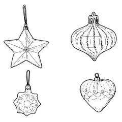 Christmas tree toys and balls of different shapes, sketch. Vector illustration. Set of silhouettes isolated on a white background. New Year's theme, for printing on postcards, packaging, and textiles