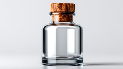 This elegantly designed glass bottle, topped with a stylish wooden cap, embodies simplicity and sophistication, perfect for various decorative or practical uses.