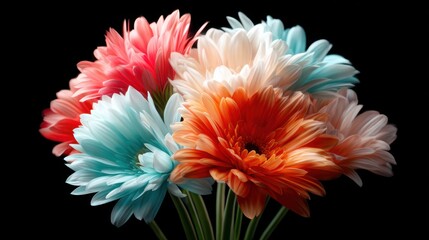 This vibrant bouquet showcases a striking mix of colorful flowers, creating a lively composition that evokes feelings of joy and celebration, perfect for any occasion.