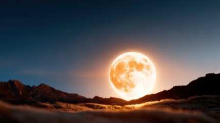 A stunning full moon rises behind rugged mountain peaks, painting the sky orange at sunset, evoking mystery and the vastness of nature in an awe-inspiring celestial scene.
