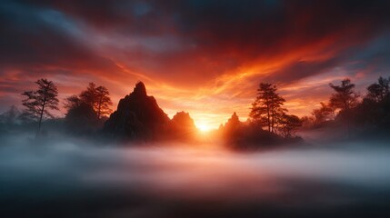 An awe-inspiring sunrise illuminates a fog-covered mountainous landscape, portraying the raw beauty of nature while conveying feelings of hope and new beginnings in this enigmatic scene.