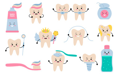 Cute tooth and care characters set. Set of teeth, braces,  toothbrushe and paste. Mascots for dentistry and pediatric.