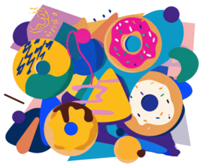 Abstract colorful composition with donuts and geometric shapes illustration graphic isolated on a transparent background