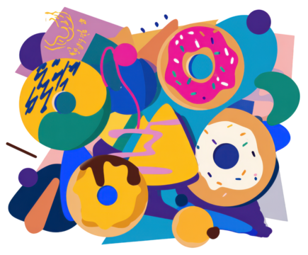 Abstract colorful composition with donuts and geometric shapes illustration graphic isolated on a transparent background