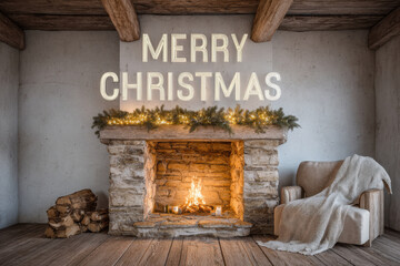 cozy fireplace with crackling logs projects ar text saying christmas in warm corner of room