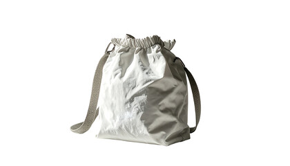 Off-white drawstring bag, crinkled texture, light gray straps, slightly rumpled appearance, simple design