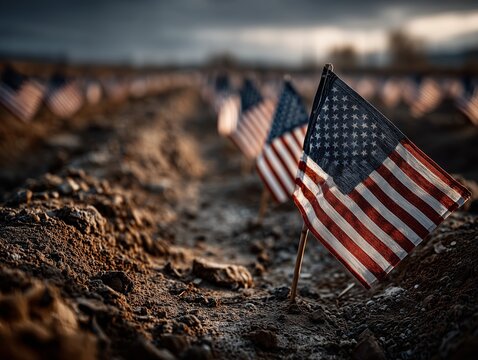 American flag at military cemetery with gravestones and sunset
