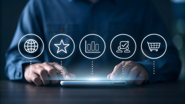 Man using smartphone with global network connection and online shopping