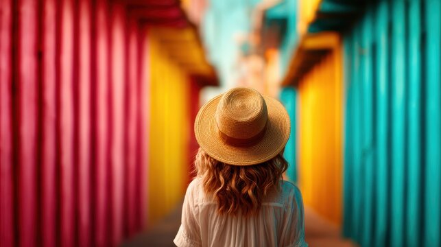 A woman with a straw hat walks through a vibrant and colorful alley, embodying the spirit of adventure, creativity, and exploration in a lively urban setting.