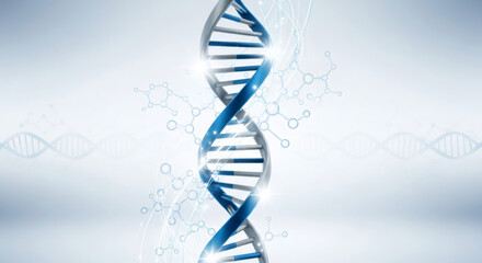 Blue grey DNA strand on abstract background. Genetic engineering and healthcare concept. Scientific research illustration.
