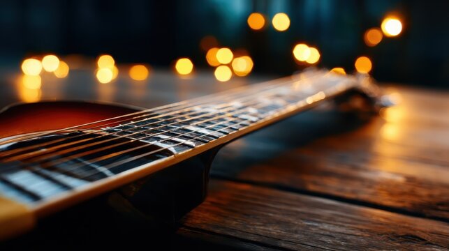 An acoustic guitar rests elegantly on a wooden surface, illuminated by soft bokeh lights, creating a beautiful ambiance that captivates music lovers.