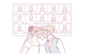 Online wedding during epidemic concept. Young loving couple wearing protective medical masks during wedding ceremony with online guests at pandemic times vector illustration