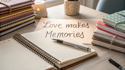 Love Makes Memories - A Cozy Workspace with Notebooks and Pen