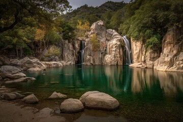 Tranquil waterfall cascading into a serene emerald pool, surrounded by rocky banks and lush foliage