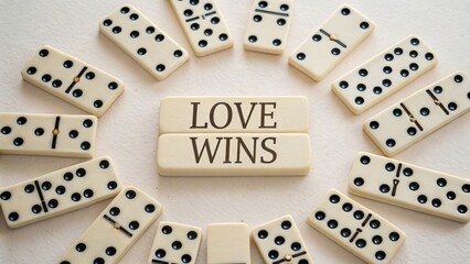 Love Wins Message Surrounded by Dominoes on a Light Background