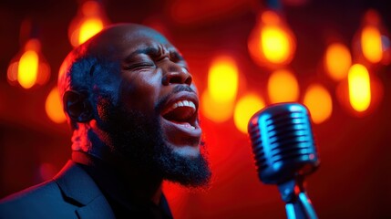 A powerful portrayal of a singer expressing deep emotion while performing into a vintage microphone, capturing the essence of music and passion through vibrant lighting.