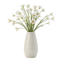Elegant white vase filled with a bouquet of white daisies. Simple, clean, and fresh.