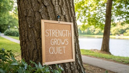 Inspirational Quote on Cork Board Hanging from Tree in Park Setting