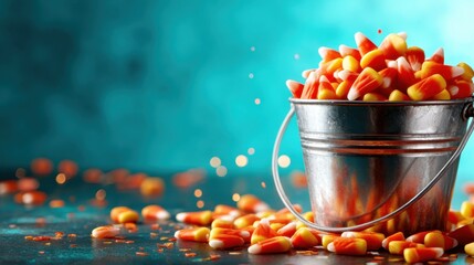 A vibrant, overflowing metal bucket full of colorful candy corn, set against a bright, bokeh background, bringing a festive and joyful feel to Halloween celebrations.