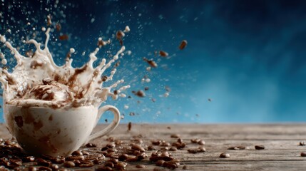 A captivating image capturing the exciting moment when ice cream is perfectly dropped into a cup of coffee, leading to a dynamic splash and beautiful movement.