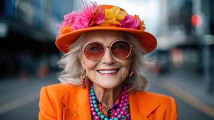 This portrait features a joyful elderly woman adorned in vibrant colors and accessories, radiating happiness and warmth, representing the beauty of aging with grace and style.