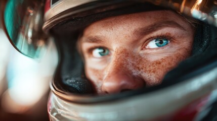 Close-up shot of an astronaut's face revealing intense focus and determination, harmonizing the drama of space exploration with the uniqueness of human spirit and perseverance.