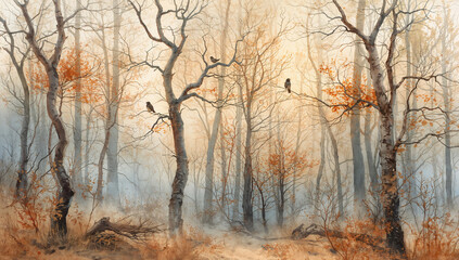 Naklejka premium 霧が差し込む林の奥行きをソフトフォーカスで包み水彩特有のテクスチャが紙媒体とデジタルの両方で自然な質感を伝える秋の背景.生成AI