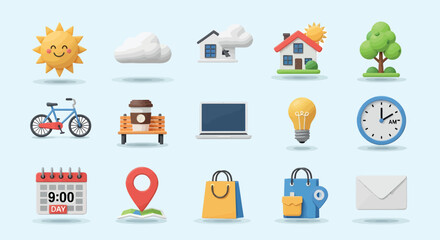 Collection of colorful 3D rendered icons representing various everyday objects and concepts.