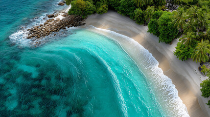 The image captures a stunning aerial view of a tropical beach. Gentle turquoise waves roll onto the soft sandy shore, creating white foamy patterns along the coastline. On the left, a cluster of smoot