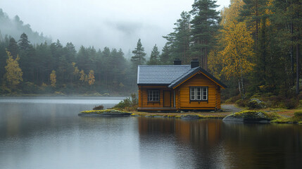 Fototapeta premium Wooden house by calm lake surrounded by misty forest and autumn trees, peaceful nature scene with reflection on water and serene atmosphere