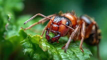 A breathtaking macro shot showcasing the intricate details of an ant, vividly illustrating its complex features and textures, providing a fascinating glimpse into the tiny world.