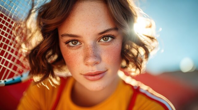 An enchanting close-up portrait of a young girl, radiating confidence and warmth, with beautiful freckles and sunlight framing her joyful expression in this vibrant setting.