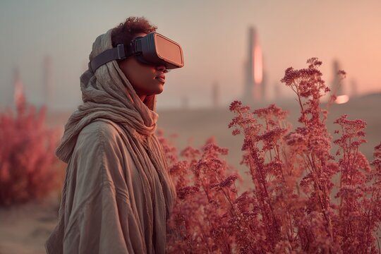 woman wearing a virtual reality headset gazing across a desert field of pink flowers at sunset in neutral fabrics, a tech fashion travel concept for tech brands, fashion labels, and travel magazines - Powered by Adobe
