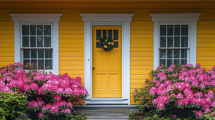Yellow house exterior with blooming pink rhododendron flowers near front door decorated with floral wreath, creating cheerful and inviting springtime scene