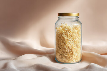 glass jar filled with dry grass illuminated by warm light creates cozy atmosphere
