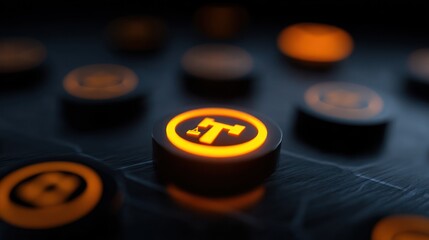 Close-up of glowing, circular tokens.  Dark background.  Focus on a central token with orange-yellow light.  Other tokens, various shapes, out-of-focus