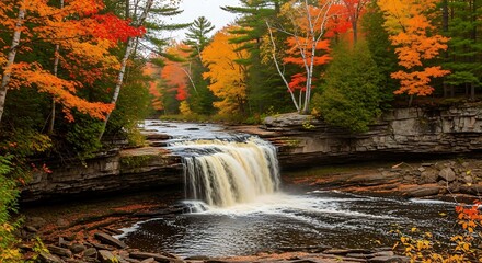 Fototapeta premium Scenic Autumn Landscape: A captivating waterfall nestled amidst vibrant fall foliage and textured rock formations
