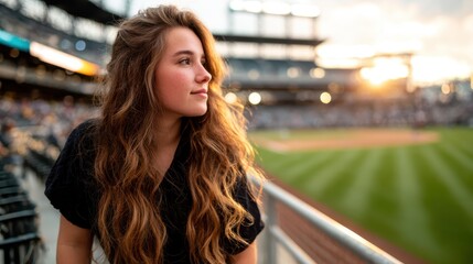 A young woman gazes thoughtfully at a baseball game from her seat, capturing the ambiance of excitement and anticipation during a vibrant sporting event.