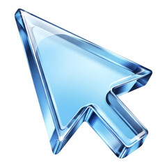 A glossy, transparent blue computer mouse cursor arrow, isolated on a transparent background