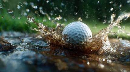 An action shot of a golf ball splashing into the water, creating dynamic ripples that convey motion and excitement, perfect for capturing the thrill of the sport.