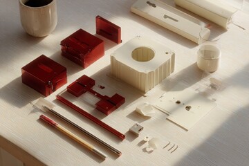 Modular antenna components disassembled on workbench, cream and deep red, flat lay technical realism 