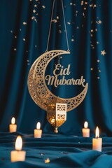Golden Crescent Moon with "Eid Mubarak" and Candles on Teal Background