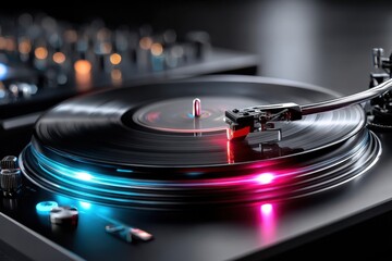 Spinning Vinyl Record on Turntable with Neon Lights