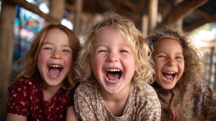 Three joyful children share a moment of laughter, capturing the essence of childhood bliss and friendship, creating a heartwarming scene filled with happiness and innocence.
