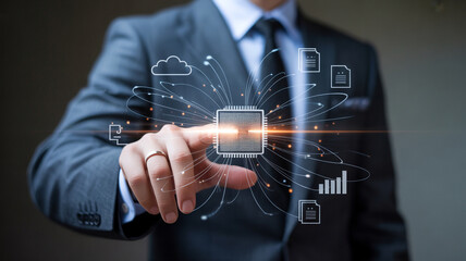 Businessman interacting with a glowing digital interface representing data and technology.