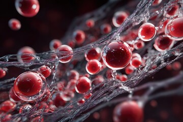 Molecular nanobots flowing through human artery, blood red and pearl white, medical visualization style
